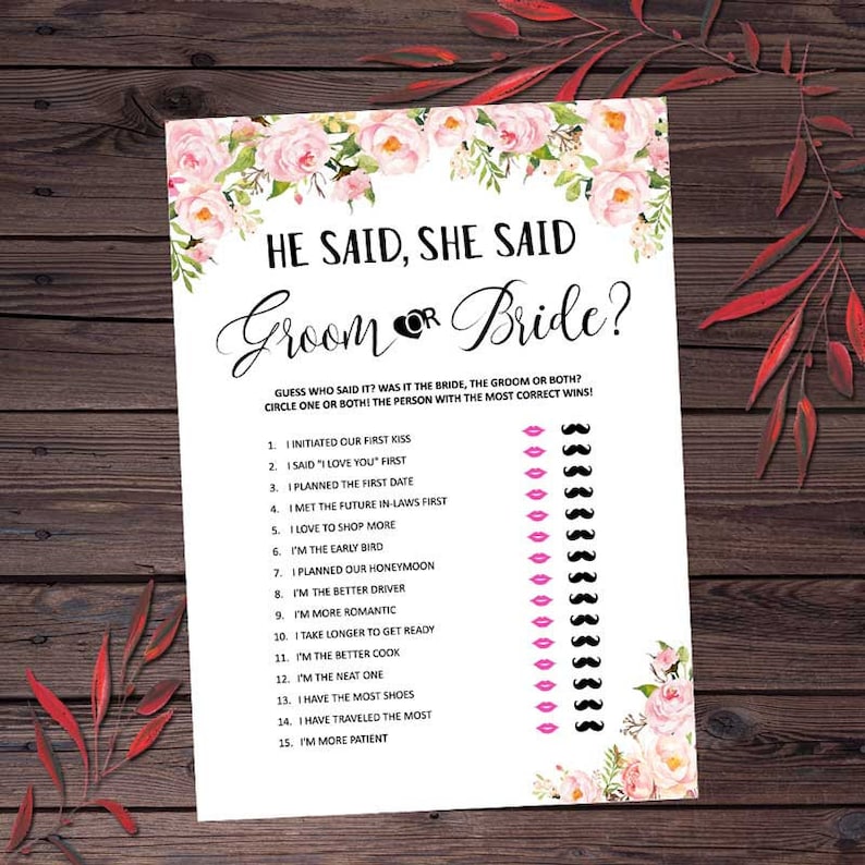 Guess Who Said It Peony Bridal Shower Games Printable Rustic Etsy
