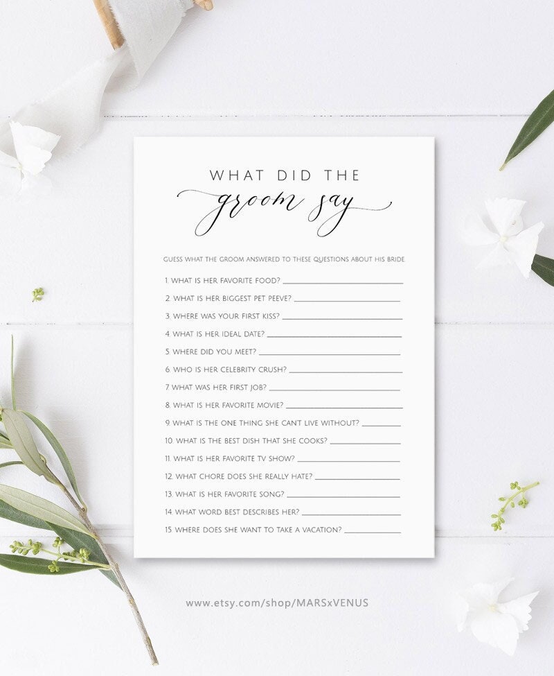 What did the groom say, Printable Bridal Shower Games, What Did the Groom Say About His Bride Game, Minimalist Bridal Shower Game, marsxv