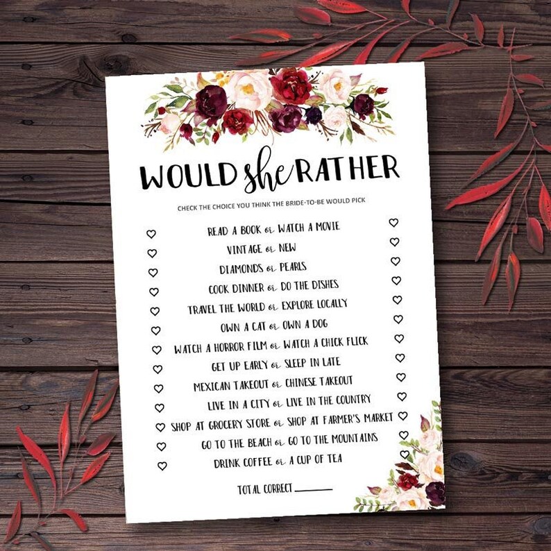 Would She Rather Bridal Shower Game Bridal Shower Game Etsy Would She 