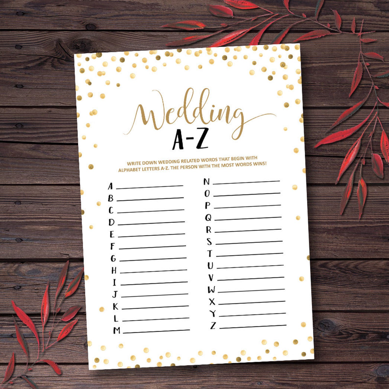 Wedding A-Z Game Bridal Shower Games Printables Bridal Shower | Etsy