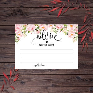 May include: A white card with a floral border and the text "advice for the bride" with a small heart. There are lines for writing advice and a space for a signature.
