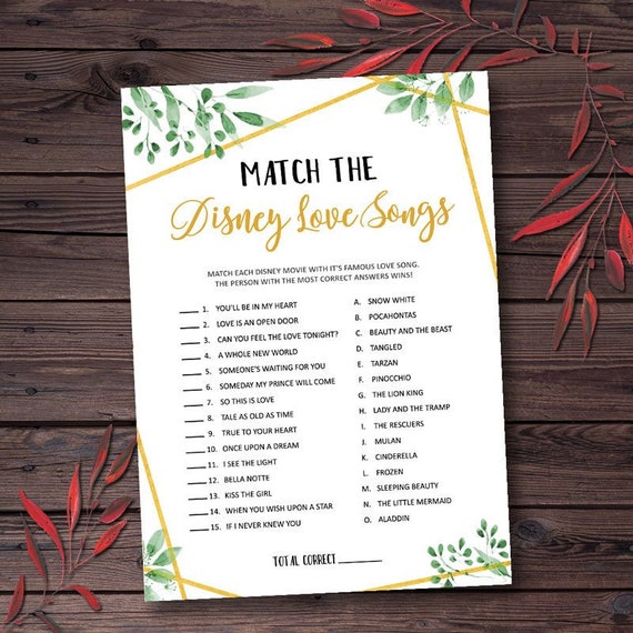 Match the Disney Song Bridal Shower Games Printables Bridal | Etsy