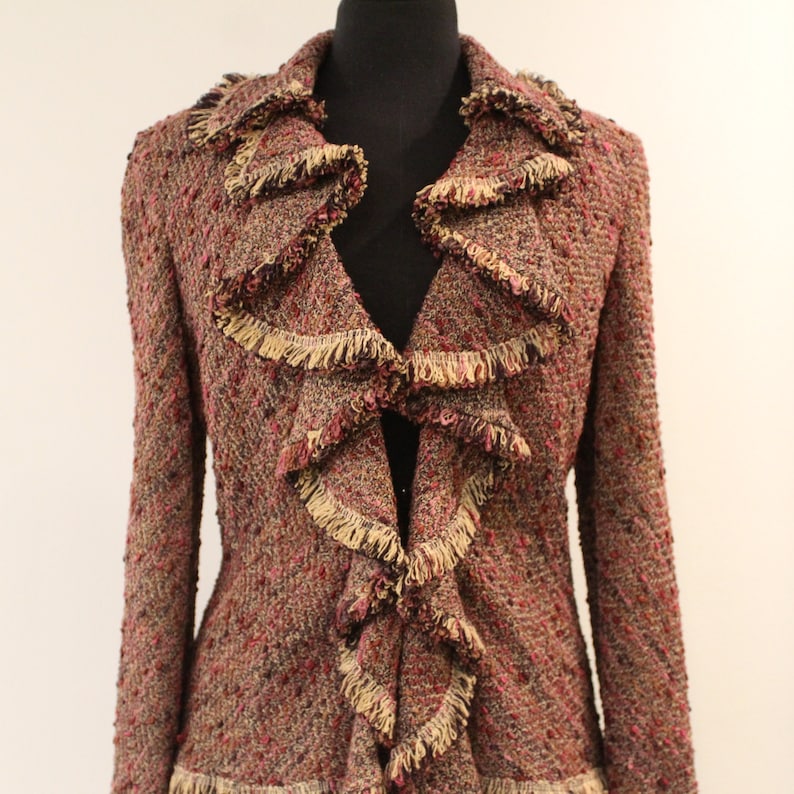 Knitted Pink Wool Blazer for the Fashionable Business Woman Retro Style Ruffled Collared Jacket