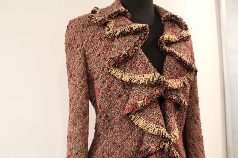 Knitted Pink Wool Blazer for the Fashionable Business Woman Retro Style Ruffled Collared Jacket