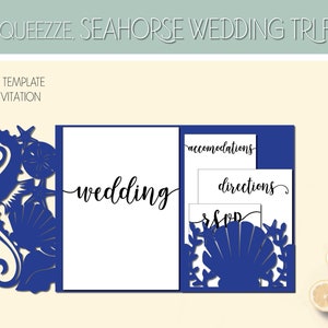 Seahorse, Seashell, Beach Wedding Invitation Tri Fold Template for Cricut Design Space - Digital Cut File 11x17