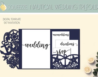 Nautical Wedding Invitation Tri Fold Template for Cricut Design Space - Digital Cut File 11x17