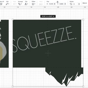 May include: A digital design for a card with a mountain and forest scene on the left side and the word "SQUEEZZE." on the right side. The design is 10.52 inches wide by 9.37 inches tall.