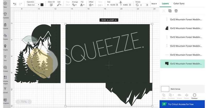 May include: A digital design for a card with a mountain and forest scene on the left side and the word "SQUEEZZE." on the right side. The design is 10.52 inches wide by 9.37 inches tall.