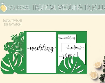 Tropical Leaf Wedding Invitation Tri Fold Template (Digital Cut File)
