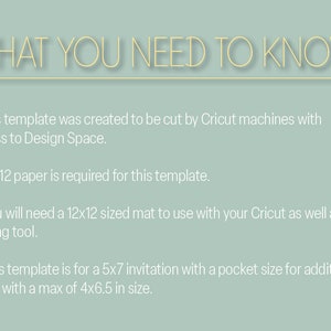May include: A light green background with white text that reads "WHAT YOU NEED TO KNOW" in a bold, sans-serif font.  The text below lists four instructions for using a Cricut machine to create a 5x7 invitation with a pocket for additional cards.