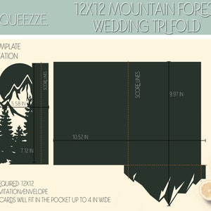 May include: A digital template for a 12x12 inch trifold wedding invitation featuring a mountain forest design with a moon and trees. The template includes score lines for folding. Paper size required: 12x12 inches. Fits a 5x7 inch invitation/envelope. Additional cards will fit in the pocket up to 4 inches wide.