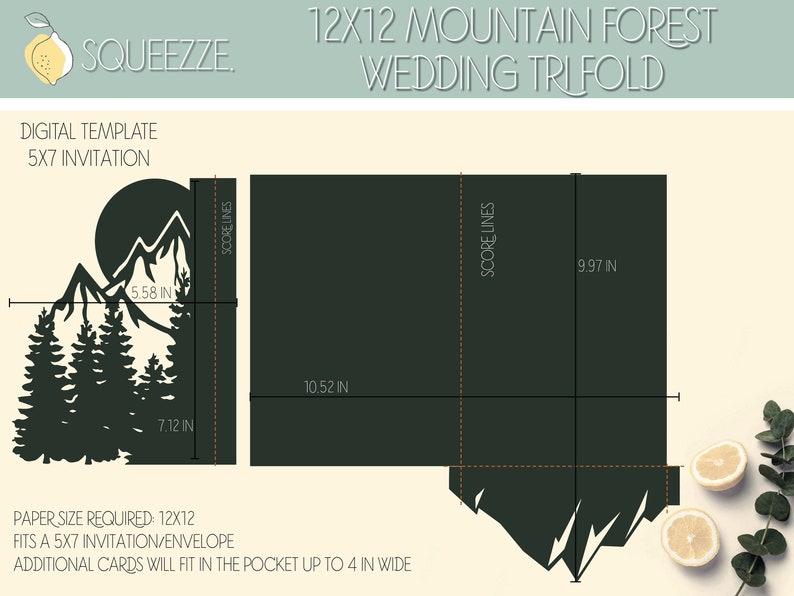 May include: A digital template for a 12x12 inch trifold wedding invitation featuring a mountain forest design with a moon and trees. The template includes score lines for folding. Paper size required: 12x12 inches. Fits a 5x7 inch invitation/envelope. Additional cards will fit in the pocket up to 4 inches wide.