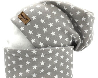 GRAY & LITTLE white STARS Beanie with matching loop or individually, winter set, transition set