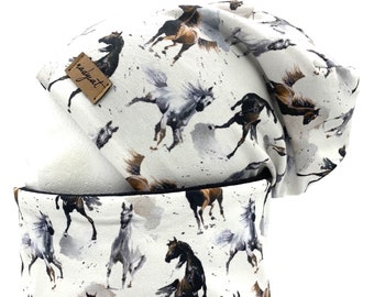 CHEVAUX SAUVAGES, Bonnet avec boucle assortie ou individuellement, ensemble d'hiver, ensemble de transition