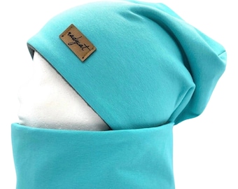 TURQUOISE UNI, beanie with matching loop or individually, winter set, autumn set, transition set