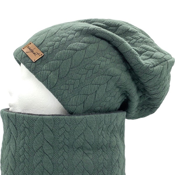 ZOPF & STYLE dark green, beanie with matching loop or beanie individually, winter set, transition set, hat set