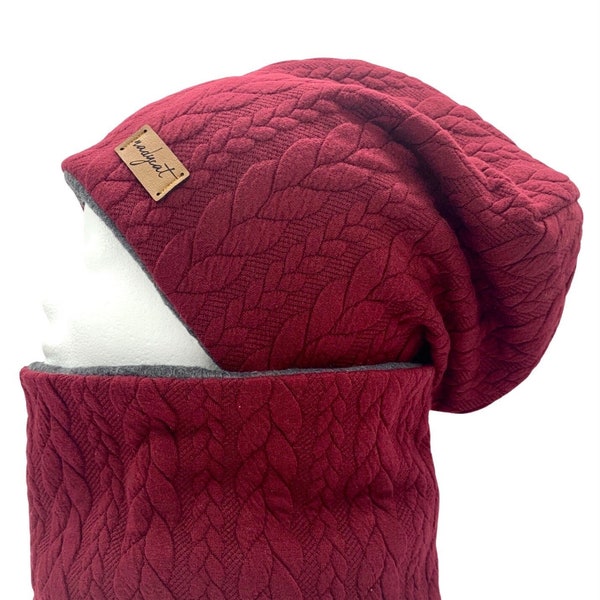 ZOPF & STYLE bordeaux, bonnet avec boucle assortie ou bonnet individuel, set d'hiver, set de transition, set de chapeaux