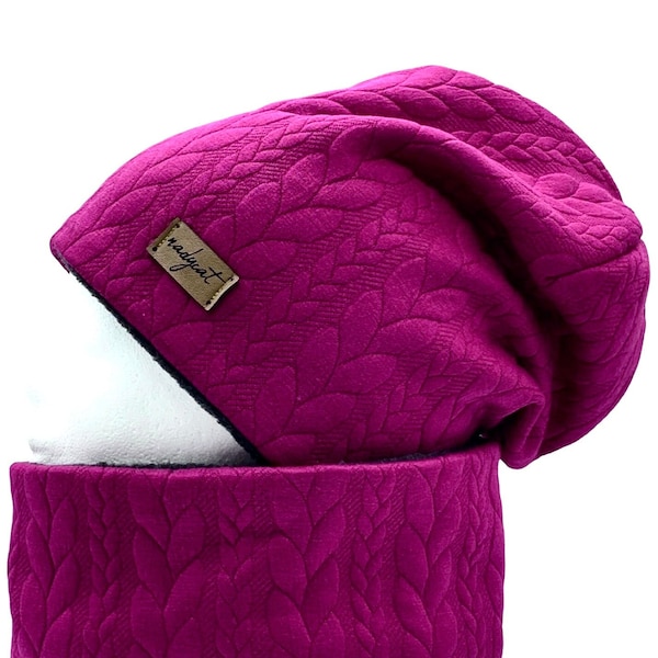 ZOPF & STYLE fuchsia, bonnet avec boucle assortie ou bonnet individuellement, ensemble d'hiver, ensemble de transition, ensemble de chapeaux