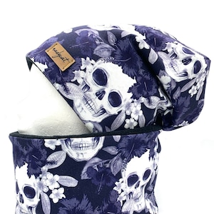 SKULLS & FLOWERS blue, Beanie mit passendem Loop oder je Einzeln, Winter Set, Übergangs Set, Mützen Set Bild 1