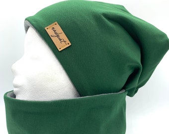 DARK GREEN UNI Beanie & matching loop or individually, winter set, autumn set, transition set