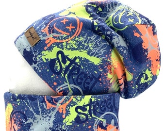 NEON GRAFITTI indigo, beanie with matching loop or individually, winter set, transitional set, hat set