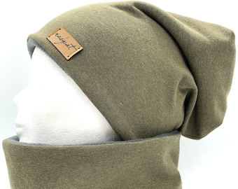 KHAKI mottled, beanie with matching loop or individually, winter set, transition set, hat set