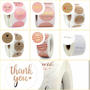 50 Aufkleber „handmade with love“, „Thank You“, 7 verschiedene Motive, 25mm, Etiketten, Geschenkaufkleber, Danke, Geschenk, Bestellung
