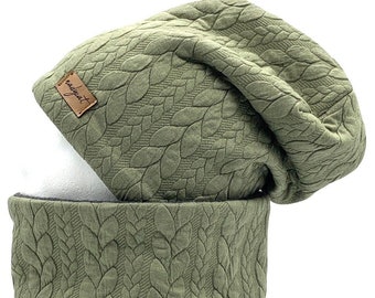 ZOPF & STYLE olive, bonnet avec boucle assortie ou bonnet individuel, ensemble d'hiver, ensemble de transition, ensemble de chapeaux