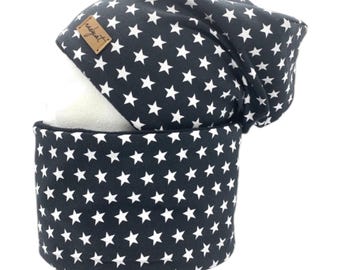 ANTHRACITE & LITTLE white STARS, beanie with matching loop, winter set, transitional set, gift for Christmas