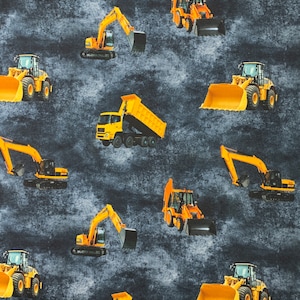 May include: A seamless pattern featuring yellow construction vehicles on a dark gray background. The pattern includes excavators, dump trucks, and bulldozers.