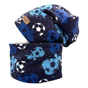 SOCCER blue Football Fussball, Beanie mit passendem Loop oder Beanie Einzeln, Winter Set, Übergangs Mützen Set, auf Wunsch mit Namen möglich