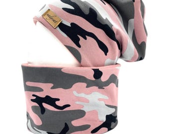 CAMOUFLAGE pink, beanie with matching loop or individually, winter set, transitional set, hat set, gift for Christmas