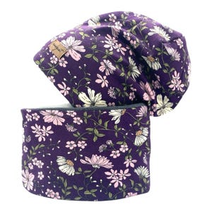 Fleurs, bonnet assorti, ensemble hiver, ensemble mi-saison, ensemble printemps, cadeau de Noël