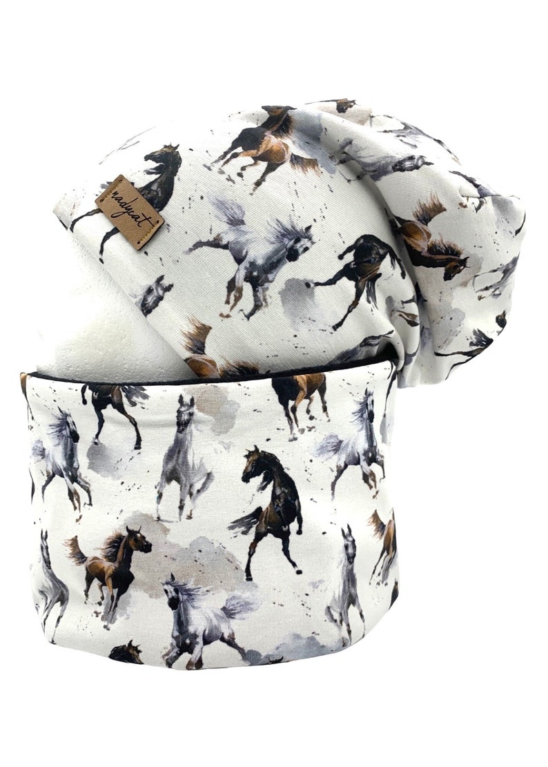 WILD HORSES, Beanie with matching loop or individually, winter set, transition set image 1