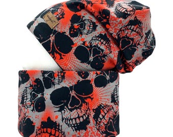 RED SKULLS, Beanie with matching loop or individually, Winter set, Transition set, Hat set, Gift for Christmas