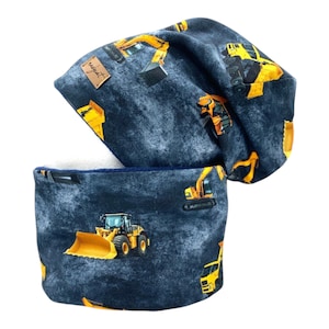 CONSTRUCTION VEHICLES excavator truck denim-dark blue, beanie with matching loop or individually, winter set, hat set, gift for Christmas