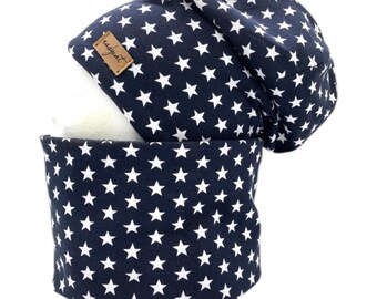 DARKBLUE & little white STARS, beanie with matching loop or individually, winter set, transitional set, hat set, gift for Christmas
