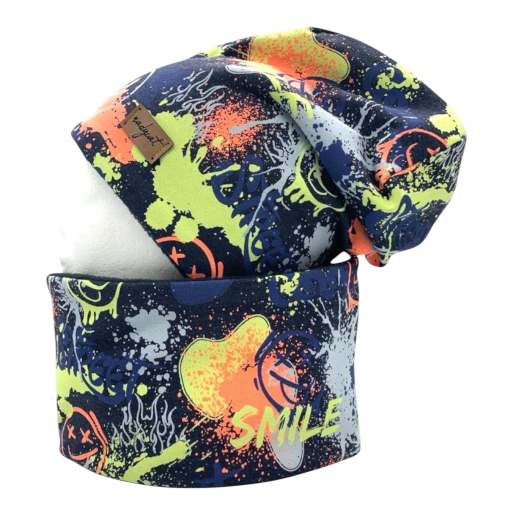 NEON GRAFITTI navy, beanie with matching loop, winter set, transitional set, hat set, gift for Christmas