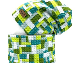 BUILDING BLOCKS Brick green, snap-together blocks, Stones, beanie with matching loop or each individually, winter set, transition set, hat set