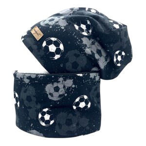 SOCCER black Football beanie with matching loop or beanie only, winter set, transitional beanie set, also available with name on request!
