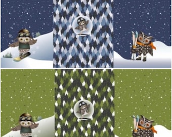 French Terry Panel WINTER SPORT OWL, green or blue printed 75 x 150 cm