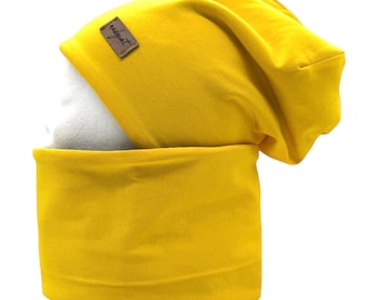 YELLOW UNI Beanie with matching loop or individually, winter set, autumn set, transition set, gift for Christmas