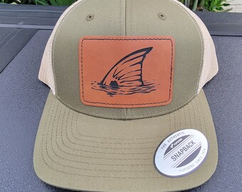 Heritage Pride Redfish Fin Laser Engraved Leather Trucker Hat - Adjustable Mesh Back Cap (Heather Grey) - View #10