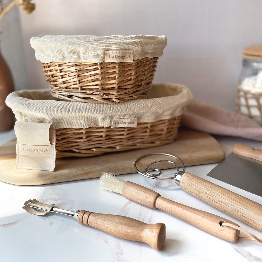 Sourdough Bread Proofing Set: Wicker Basket, Lame, Brush, Whisk & Scraper - Baker Gift