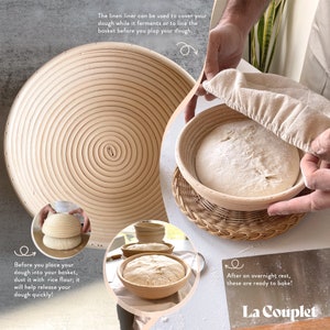 May include: A natural-toned, round banneton proofing basket with a linen liner. The image shows the basket with dough inside, and text that reads, "Before you place your dough into your basket, dust it with rice flour; it will help release your dough quickly!"