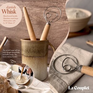 May include: A Danish whisk with a beechwood handle and stainless steel loops. The whisk is 13 inches long and 3 inches in diameter. The image also shows a ceramic mug, a bowl of flour, and the text "La Couplet".
