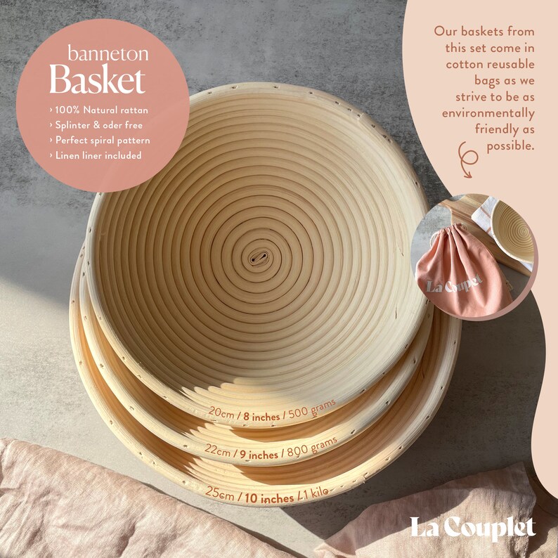 May include: A set of three natural rattan banneton baskets, perfect for bread making. The baskets are round with a spiral pattern and come in sizes 8, 9, and 10 inches. The set includes a linen liner and reusable cotton bags. The text on the image says "banneton Basket".