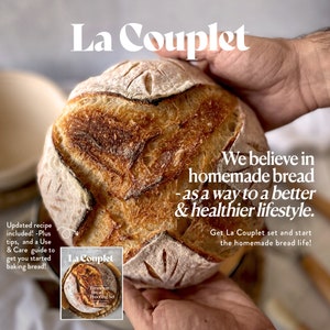 May include: A loaf of freshly baked bread with a golden-brown crust is held in hands. The image includes the text "La Couplet" and a smaller image of a Banneton Bread Proofing Set. Text on the image promotes homemade bread.