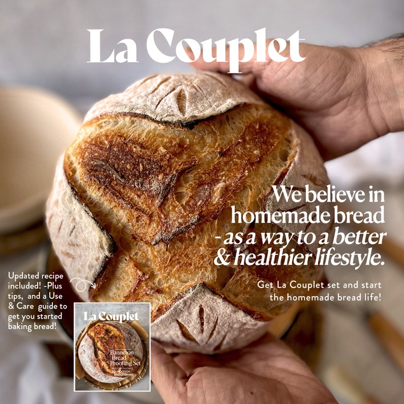 May include: A loaf of freshly baked bread with a golden-brown crust is held in hands. The image includes the text "La Couplet" and a smaller image of a Banneton Bread Proofing Set. Text on the image promotes homemade bread.