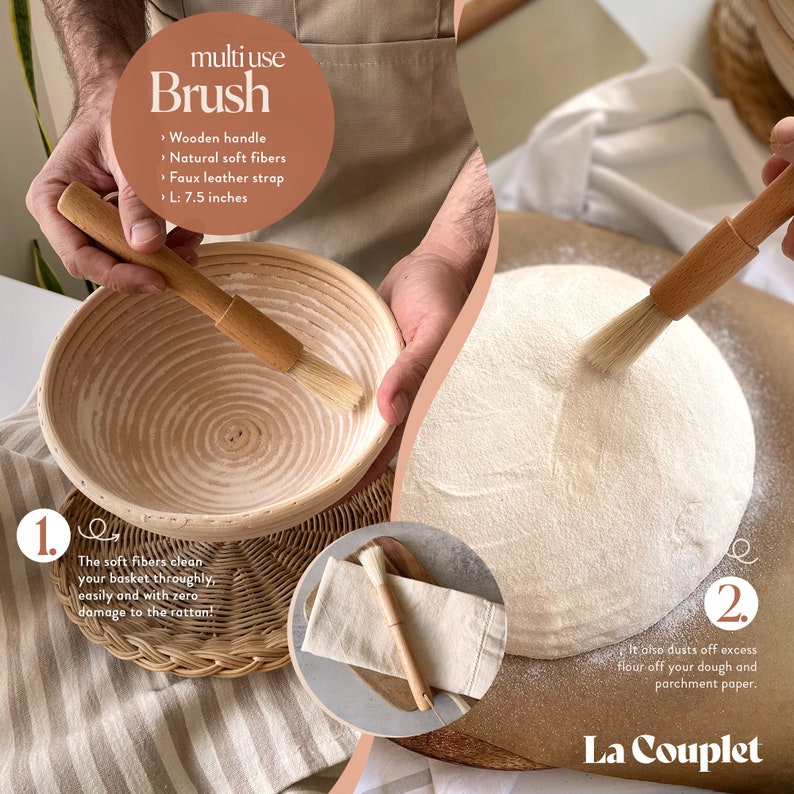 May include: A multi-use brush with a wooden handle, natural soft fibers, and a faux leather strap. The brush is 7.5 inches long. It is shown cleaning a rattan basket and dusting flour off dough. The text on the image says "La Couplet".